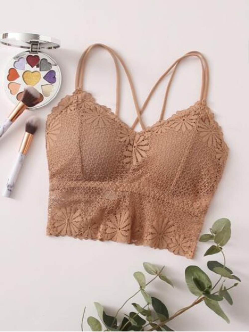 Padded Lace Bralette Crop Top in Camel Brown